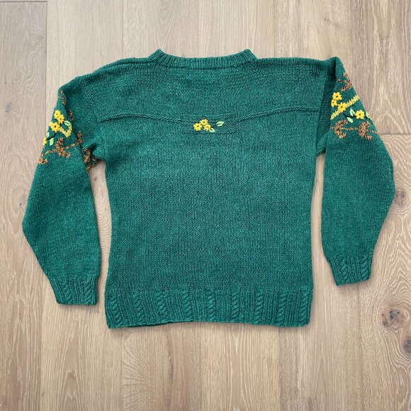 Vintage 90s Cabin Fever Sweater Women Large Hand Knitted Green Flowers Grandma - Picture 6 of 16